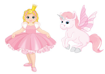Fototapeta na wymiar A set of fairy tale characters. Princess and Unicorn
