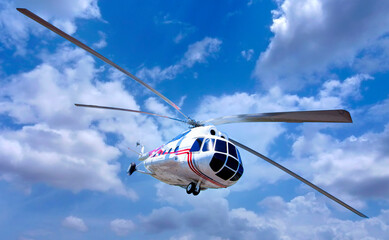 helicopter in the blue sky with clouds. Selective focus