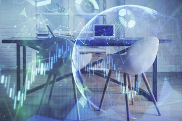 Multi exposure of financial graph drawing and office interior background. Concept of market analysis.