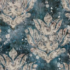 Chic formal grungy damask texture seamless pattern. High quality illustration. Ornate flourish baroque design in a trendy posh exotic style. Grainy fabric texture overlay.