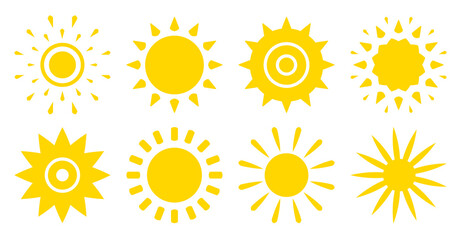 Set of sun flat cartoon icons. Abstract different shape summer symbol. Simple banner template decorative element for logo. Sign morning, weather, spring season. Isolated on white vector illustration