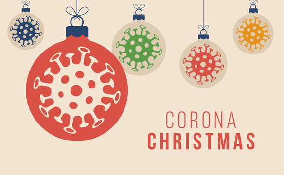 Corona Christmas concept. Flat cartoon xmas balls with Coronavirus icon concept merry and safe design card Contagious diseases of the characters when exposed to a virus vector illustration