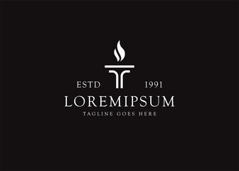 Minimalist burning Torch Fire Flame with Pillar column logo design Inspiration