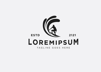 Surfer Logo Design Inspiration. Surfboarder Vector Template. Illustration of a surfer on a wave.