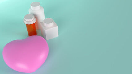 The pink heart  and Medicine bottle for health content 3d rendering.