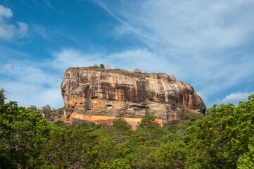 Close-up view of Sigiriya lion rock ancient rock fortress, archaeological site and tourist destination in Sri Lanka.