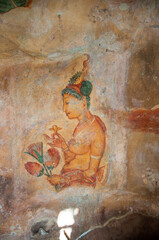 Fototapeta na wymiar Sigiriya frescoes mural paintings sheltered gallery on Sigiriya rock fortress, Sri Lanka.