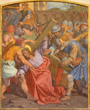 VIENNA, AUSTIRA - OCTOBER 22, 2020: The fresco Fall of Jesus undwer the cross  as part of Cross way station in the church of St. John the Nepomuk by Josef Furlich (1844 - 1846).
