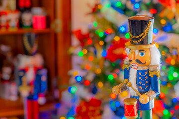A nutcracker plays a drum in front of Christmas tree and armoire.