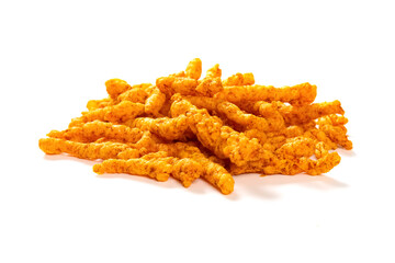 side view french fries on a white background