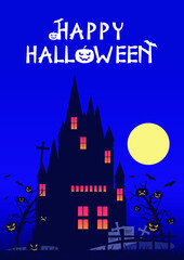 Holiday Halloween. Black silhouettes of pumpkins on the cemetery on night sky background. Graveyard and broken trees. Vector illustration