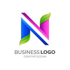 letter N nature logo, letter N and leaf, combination logo with 3d colorful style