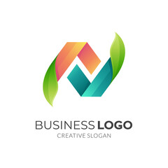 letter N nature logo, letter N and leaf, combination logo with 3d colorful style
