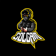 logo esport soldier angry expression holding joystick. logo vector caharacter soldier for gaming. theme Black color costume character.