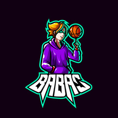 logo esport fighter angry expression with basket ball. logo vector caharacter fighter for gaming. theme purple color costume character.