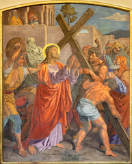 VIENNA, AUSTIRA - OCTOBER 22, 2020: The fresco Jesus carries his cross  as part of Cross way...