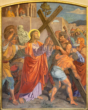 VIENNA, AUSTIRA - OCTOBER 22, 2020: The fresco Jesus carries his cross  as part of Cross way station in the church of St. John the Nepomuk by Josef Furlich (1844 - 1846).