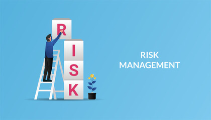 Businessman playing the tower game symbol. Risk management concept, vector illustration.