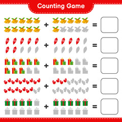 Counting game, count the number of christmas decoration and write the result. Educational children game, printable worksheet, vector illustration