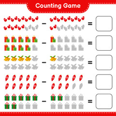 Counting game, count the number of christmas decoration and write the result. Educational children game, printable worksheet, vector illustration