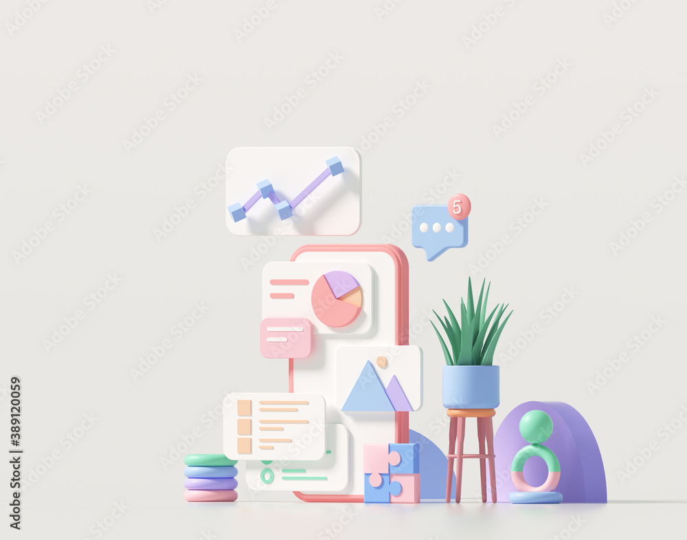 Poster 3d minimal mobile app development and mobile web design concept, user interface optimization. 3d ren