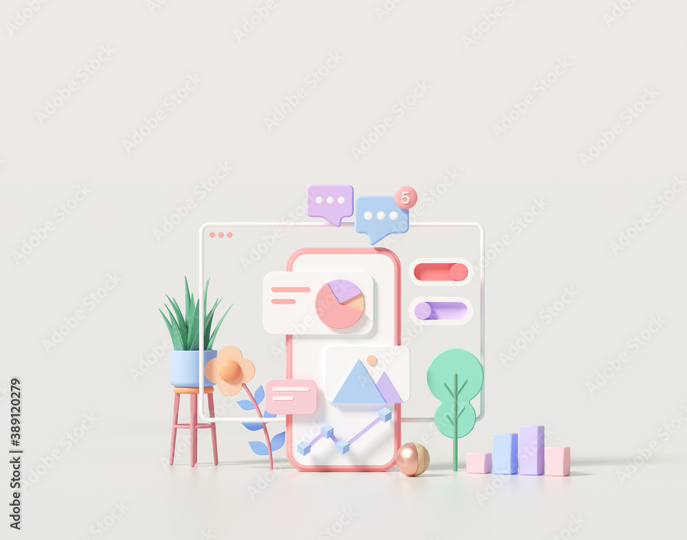 Poster 3d minimal mobile app development and mobile web design concept, user interface optimization. 3d ren