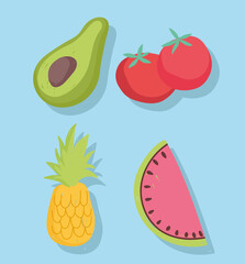 food set icons tomato avocado pineapple and watermelon