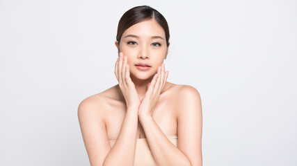 Beautiful young Asian woman with clean fresh skin on white background, Skin care, Facial treatment,...