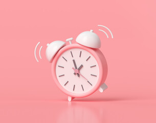 Minimal Pink alarm clock on pink background. 3D render illustration - obrazy, fototapety, plakaty