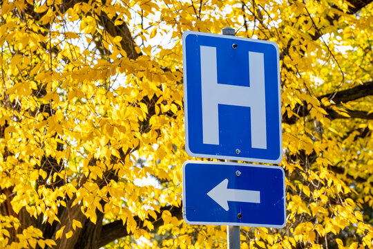 Hospital road sign with autumn leaves background