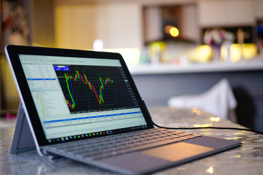 KUALA LUMPUR, MALAYSIA - FEB 8TH, 2019 : Trading forex with METATRADER 4 on Microsoft Tablet Surface go. Surface Go is the most user friendly which good for people on the go.