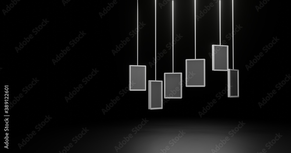 Poster abstract hanging frame with dark background and spotlight. 3d rendering illustration for remembering