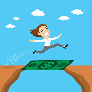 Businesswoman with money board crossing the chasm, illustration vector cartoon
