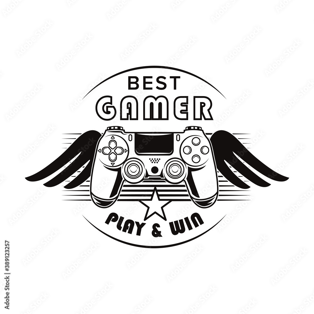 Fototapete Retro gamepad with wings vector illustration. Monochrome controller for playing game. Videogame and cybersport concept can be used for retro template, banner or poster