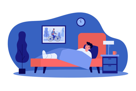 Sad guy lying in bed with broken leg. Bone, bicycle, home flat vector illustration. Illness and health concept for banner, website design or landing web page