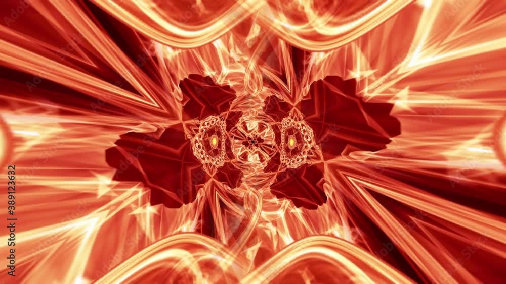 Poster abstract hypnosis fire kaleidoscope patterns. 4k seamless loop chaos geometric animation background.