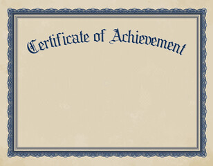 Certificate of achievement template.    Blue circular border pattern on textured paper with copy space. Award for achievements or recognition given out by schools, employers or clubs. Vector graphic