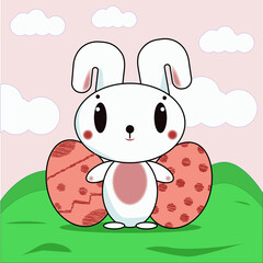 Easter Bunny in the meadow, Easter red eggs, hare in the style of kawaii