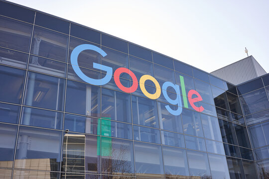 Mountain View, CA, USA - Mar 1, 2020: The Google sign is seen at Googleplex, the corporate headquarters complex of Google and its parent company, Alphabet Inc., in Mountain View, California.