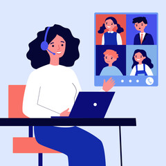 Teacher explaining lesson online via video call. Children, kid, school flat vector illustration. Communication and digital technology concept for banner, website design or landing web page