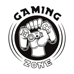 Vintage badge of hand holding joystick vector illustration. Round label with gamepad. Videogame and gaming zone concept can be used for retro template, banner or poster © Bro Vector