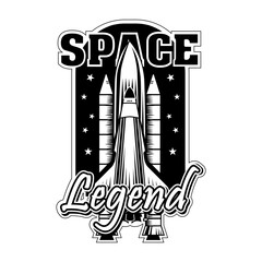 Vintage shuttle for universe exploring vector illustration. Monochrome rocket ready for launch or start. Science and space exploration concept can be used for retro template, banner or poster