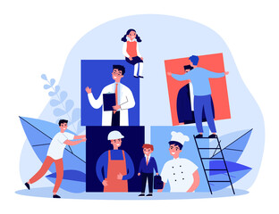 Happy pupils choosing career. Doctor, engineer, cook flat vector illustration. Occupation and future profession concept for banner, website design or landing web page