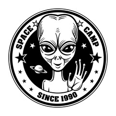 Retro alien greeting people vector illustration. Vintage badge with extraterrestrial character. Science and space exploration concept can be used for retro template, banner or poster
