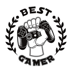 Retro best gamer badge vector illustration. Monochrome hand grasping game controller. Videogame and computer tournament concept can be used for retro template, banner or poster © Bro Vector