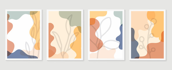 Botanical wall art vector set. Earth tone boho foliage line art drawing with abstract shape. Abstract Plant Art design for print, cover, wallpaper, Minimal and natural wall art..