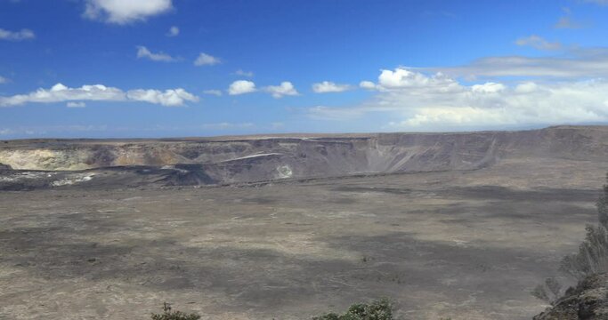 Right to left panning motion of Kīlauea crater which last erupted in 2018, Kīlauea is the most active volcano, Volcano National Park,Big island,Hawaii,USA