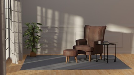 3D illustration decoration modern living room with sofa and stool