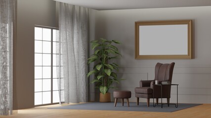 3D illustration decoration modern living room with cozy furniture