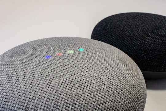 Google Nest Mini smart speakers in Ottawa, Ontario, Canada on March 24, 2020.